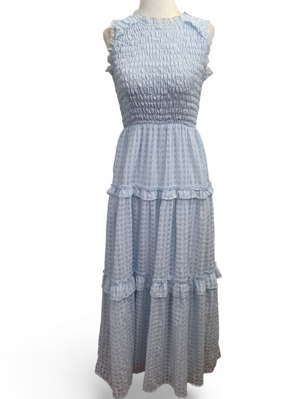 Listicle Light Blue Sleeveless Smocked Maxi Dress with Ruffle Tiers
